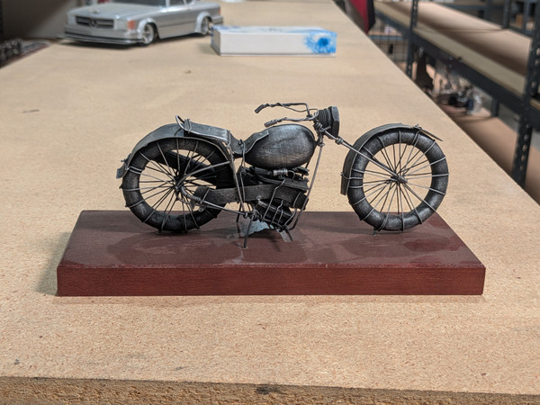 9.5" Miniature Wire & Metal Cruiser Sculpture on Wooden Base – Industrial Art Decor (9.5" x 4" x 4")