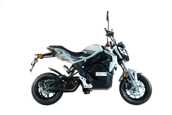 CSC Motorcycles City Slicker Electric Motorcycle in white. Right side.