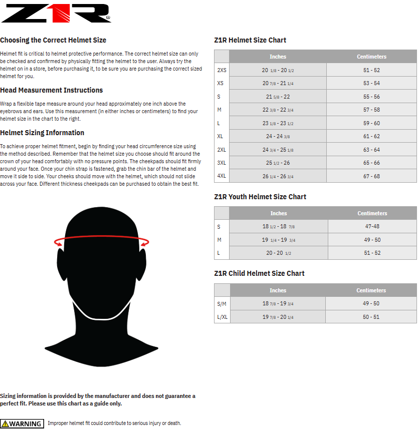 Z1R Helmet Sizing Information