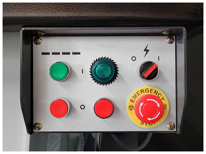 Control panel 
The machine controls are conveniently located underneath the table on the left side of the machine for operator convenience. This includes the start and stop for the main and feed motors and an emergency shut off switch.