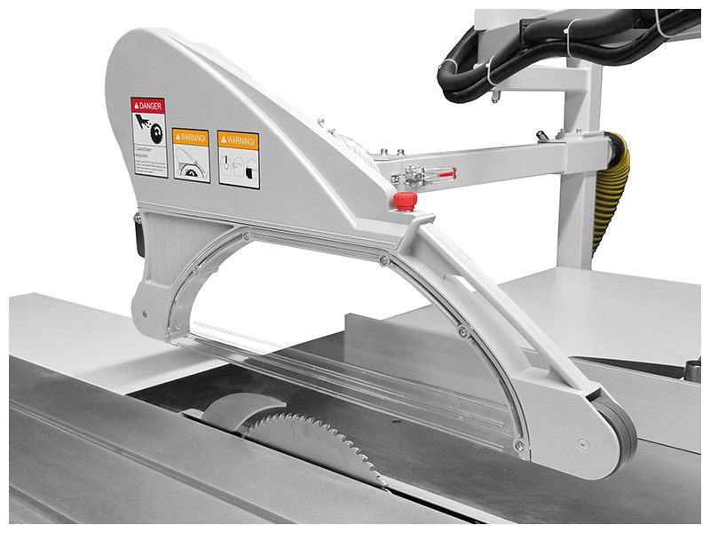 CE Overarm Dust Collection & Safety Guard The overarm blade guard comes with a build-in dust extraction port. It comes equipped with a quick-change guard system where the operator can choose the straight guard or bubble guard for bevel cutting. The arm is hinged so that the guard can be moved out of the way for servicing the machine or blades.