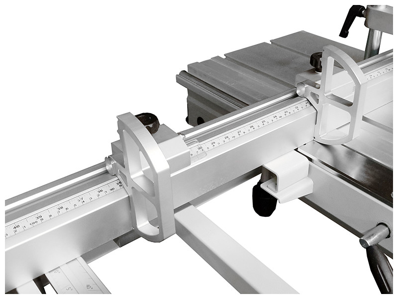 Miter Crosscut Fence with Flip Stops The miter crosscut fence can be easily set from a positive stop of 90o to 45o with an angle scale. The two clip stops can be accurately set in place along the crosscut fence with dual inch / metric scales. The crosscut fence can be extended to 140" / 3500mm. This is all supported by a heavy-duty outrigger and support arm.
