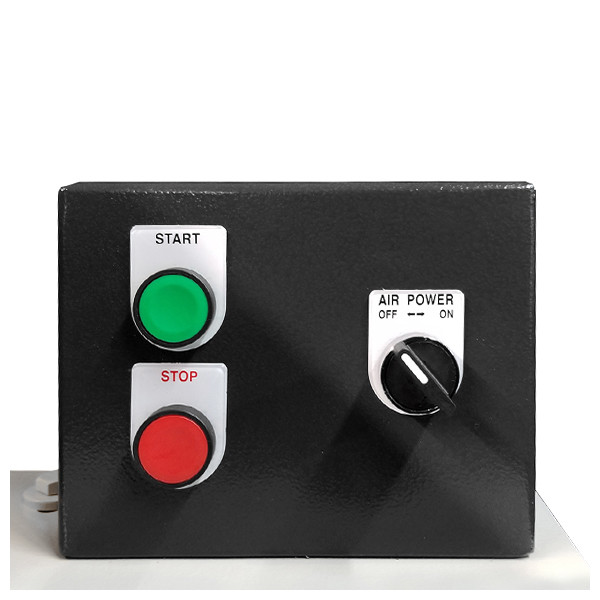 Saw Controls 
The controls are located on top of the table, so the operator has convenient access to turn the machine on or off. The pneumatics can also be turned off to eliminate the stroke where necessary.