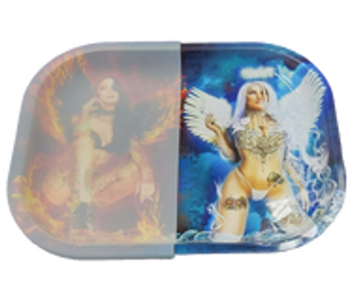 7"x 5.5" V Syndicate Metal Rolling Tray with 1/2 Removable Silicone Cover | Devil vs. Angel