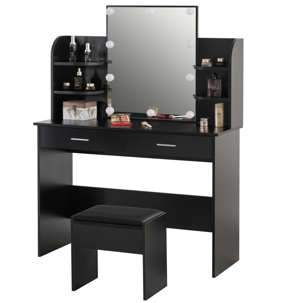 Buy Modern Wooden Vanity Dressing Table With Two Drawers, Led and Stool Online at Basicwise