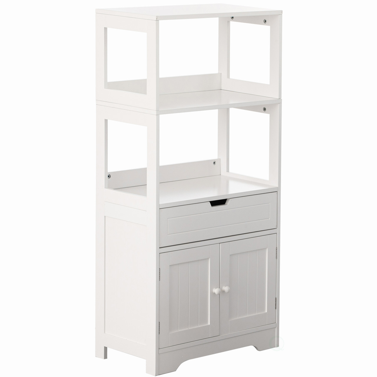 Basicwise Modern White Standing Bathroom Tall Linen Tower Storage Cabinet, Wide