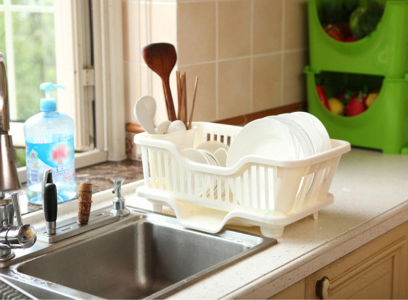 Basicwise Plastic Dish Rack with Drain Board and Utensil Cup QI003240