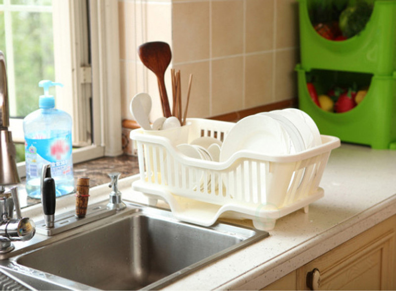 Basicwise Stainless Steel Dish Rack with Plastic Drain Board and Utensil Cup