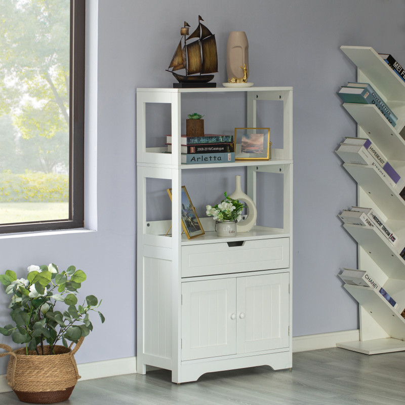 Basicwise Modern White Standing Bathroom Tall Linen Tower Storage Cabinet, Wide