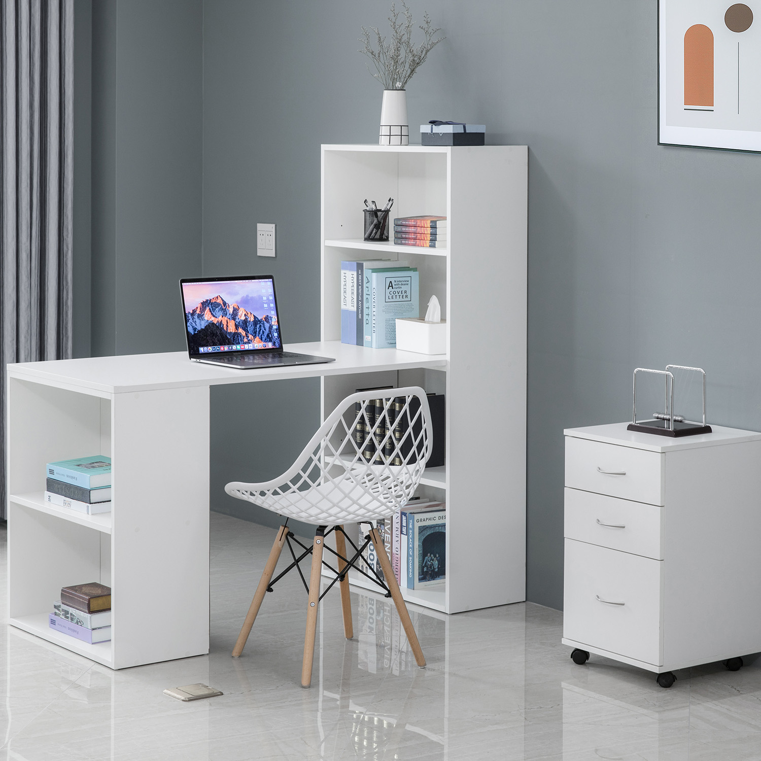 home office with white desk and lattice chair