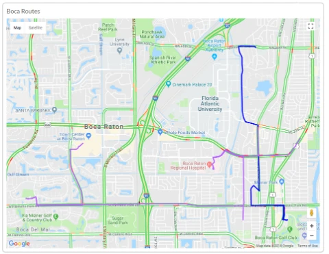 Fleet tracking dashboard showing vehicle routes and location activity