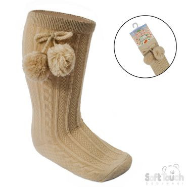 Knee Length Socks with Pom Beige Kiddie Boutique By Claire