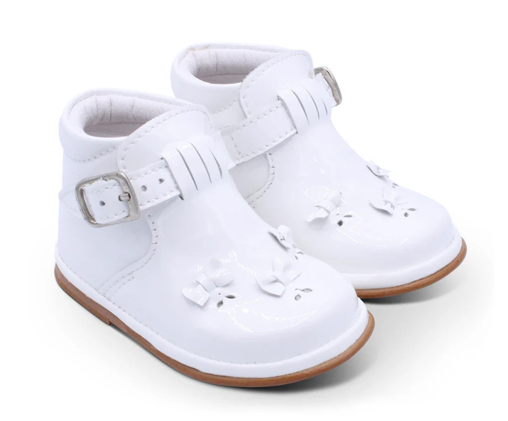 Borboleta Girls Madalena White Patent Boots with Triple Mini Bow