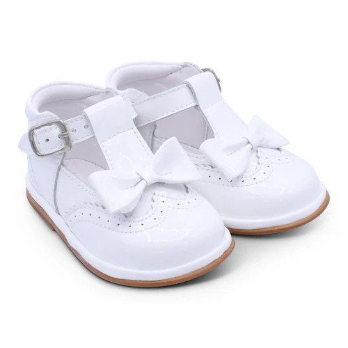 Borboleta Girls White Patent Lidia T-Bar Shoes with Bow Buckle