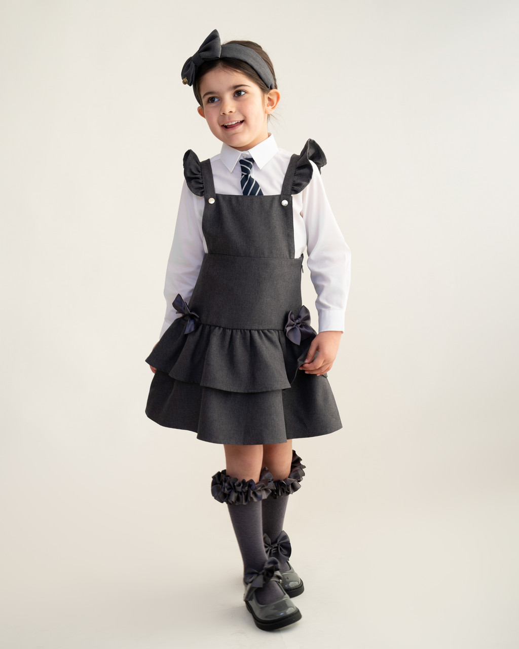 Caramelo Girls Grey School RA-RA Frill Pinafore with Bows 342184