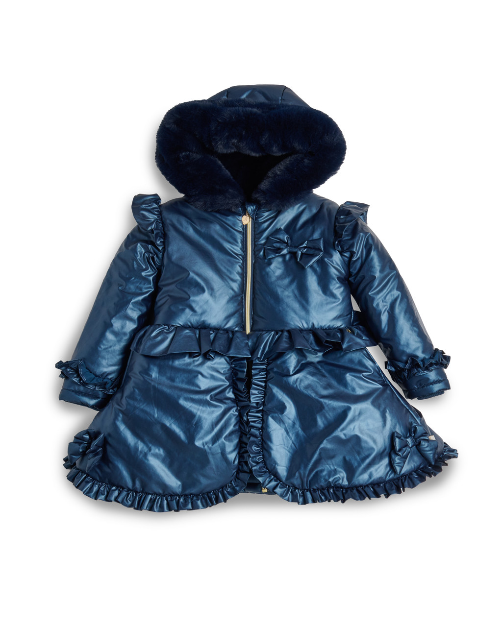 Caramelo Girls Navy Peplum Coat Fur Trim Hood 342385 - Kiddie