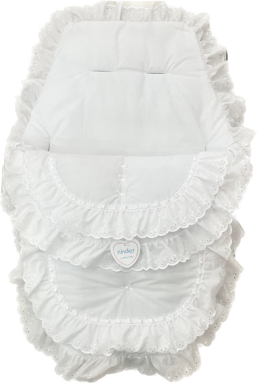 4897 Broderie Anglaise Ribbon Slot Buggy Liner/Cosy Toes White