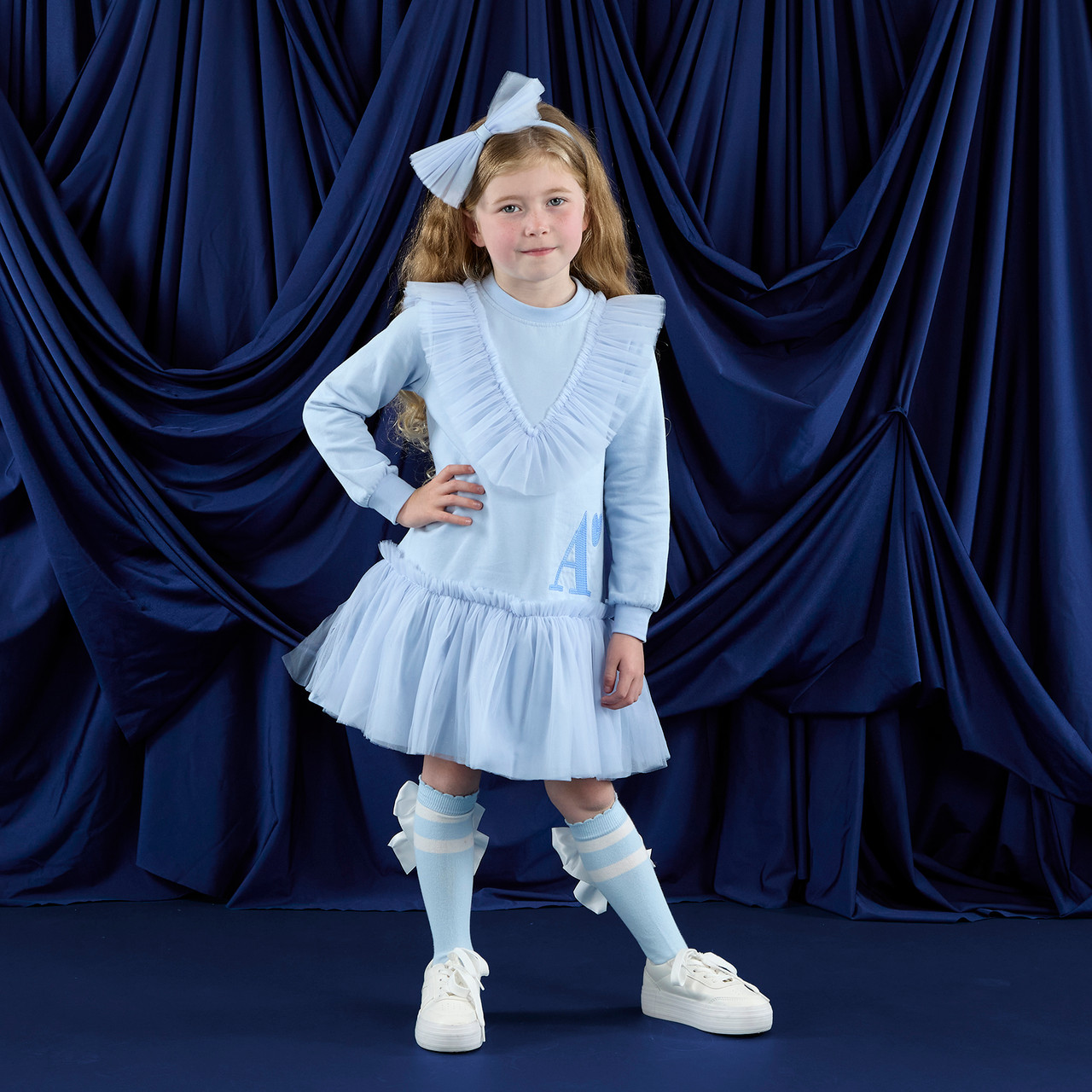 ADEE Girls Blue Sweater Dress with Tulle Frill & Skirt - LACEY