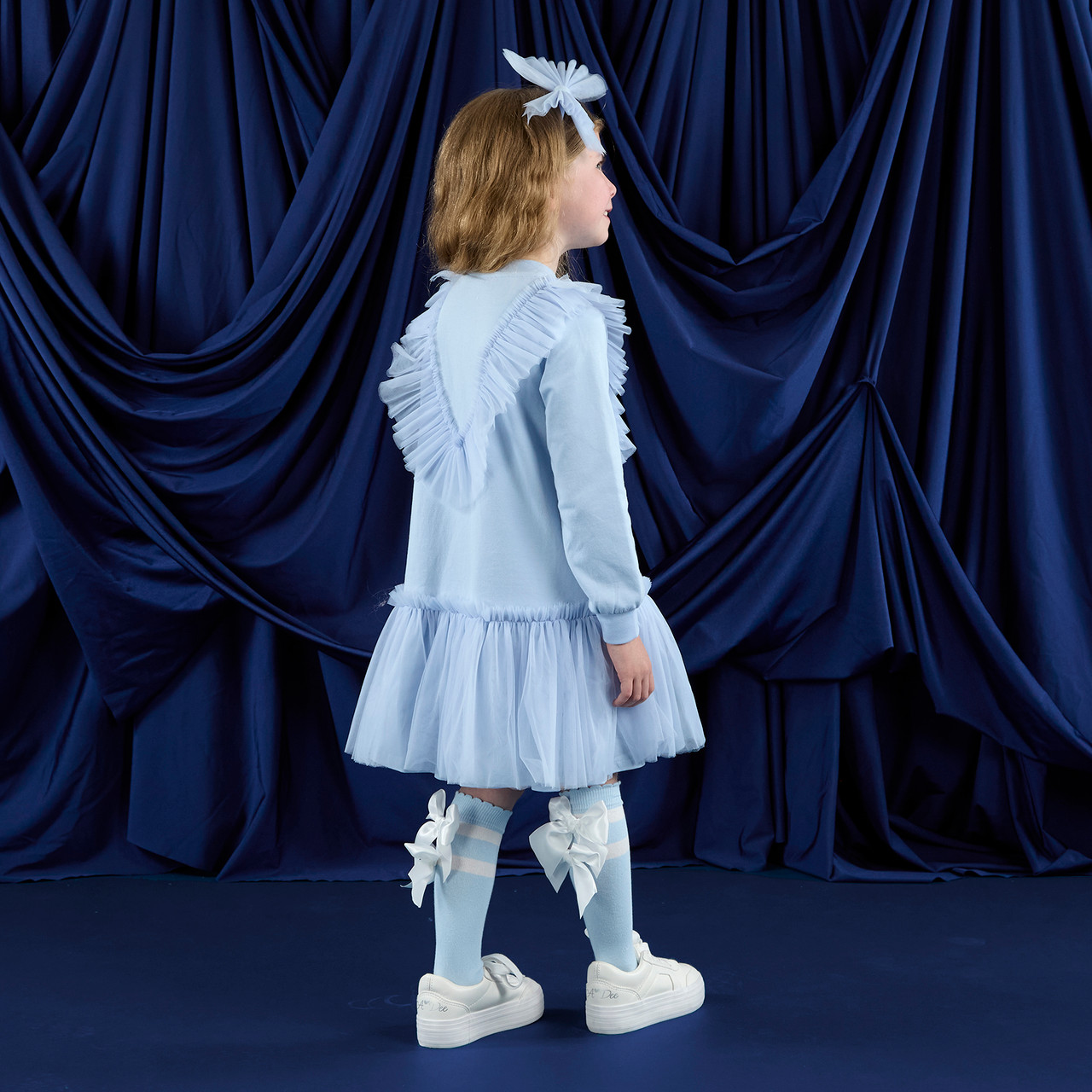 トップス Treat Girl's tulle frill jersey ADEE Girls Blue Sweater Dress with Tulle Frill & Skirt - LACEY