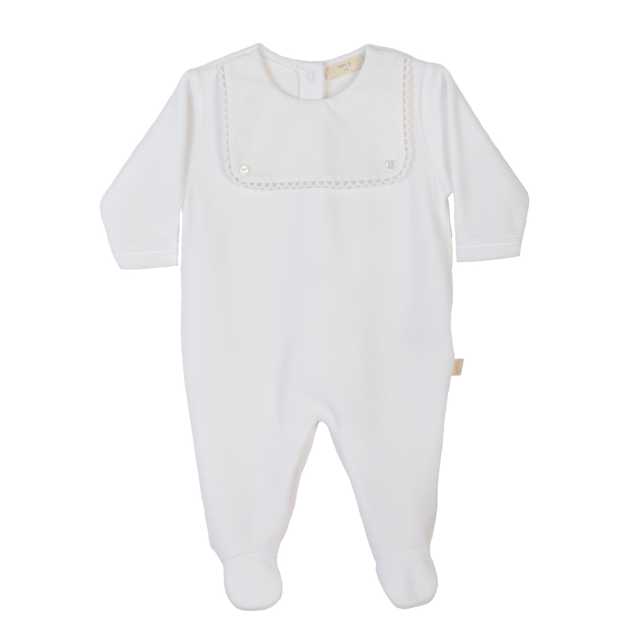 BABY GI UNISEX WHITE VELOUR BABYGROW WITH BIB DETAIL BG543