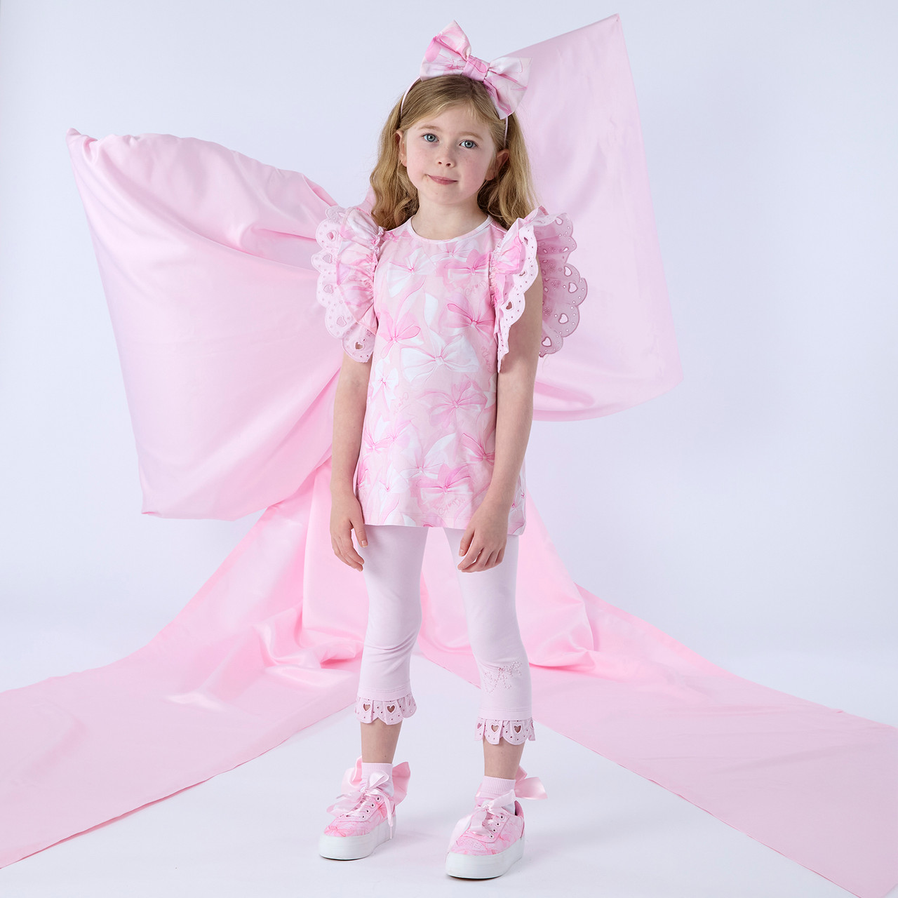 ADEE Girls Pink Legging Set with Bow Print & Broderie Anglaise Frill  Sleeves - Rachel (S261508) - Kiddie Boutique By Claire