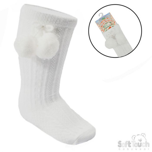 Knee Length Socks with Pom - White