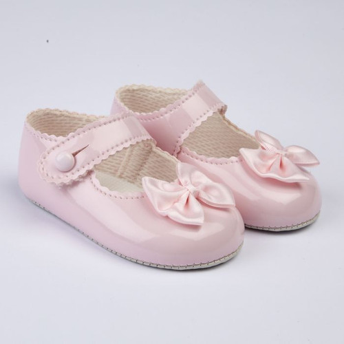 Baypods B604 - Girls Pink Picot Bow Soft Sole Pram Shoes