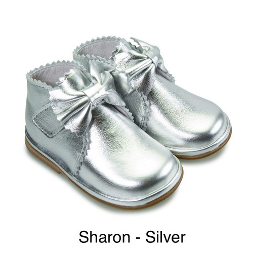 Borboleta Girls Sharon Silver Metallic Boots with Front Bow & Velcro Fastening- 1122