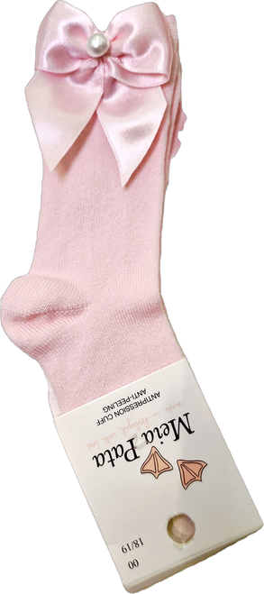 Meia Pata Pink Baby Knee socks With Satin Bow Pearl 1026M