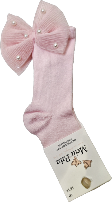 Meia Pata Pink Baby knee socks with Tulle Bow and Pearls 1090M