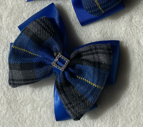 School Tartan Bow Grey/Blue Satin - 11