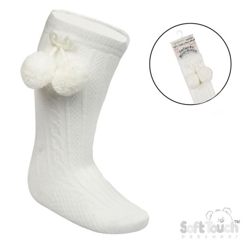Knee Length Socks with Pom - Cream