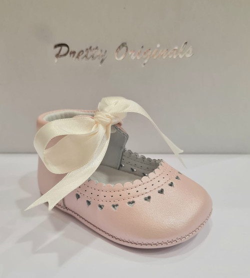 Pretty Originals UE02741E Girls Pink Shimmer Mary-Jane Style Shoe with Love Heart Trim & Ribbon Tie Bow Pretty Originals UE02741E Girls Pink Shimmer Mary-Jane Style Shoe with Love Heart Trim & Ribbon Tie Bow