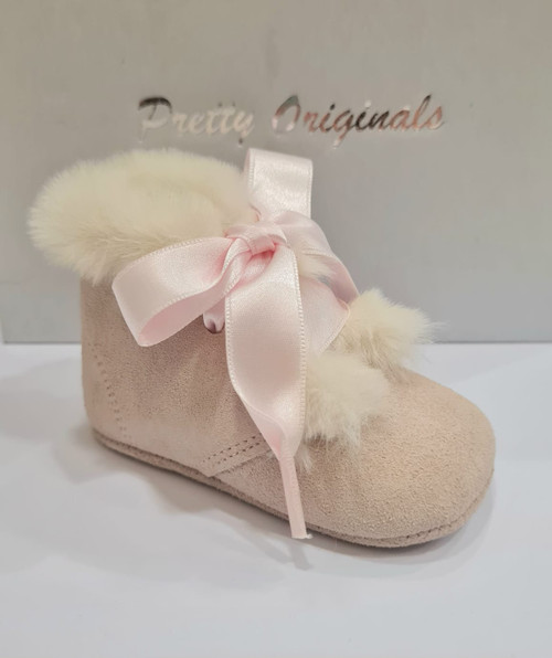 Pretty Originals UE05453E Girls Pink Suede Winter Boots with White Fur Lining & Ribbon Tie Bow