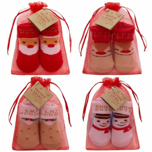 44B988 ORGANZA BAG 1 PAIR CHRISTMAS BABY SOCKS