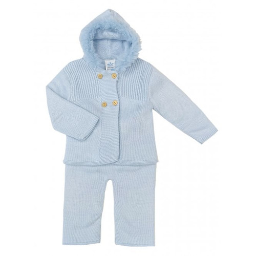 023RF-730 SARDON 2 Piece Knitted Fur Trim Hooded Suit - BLUE