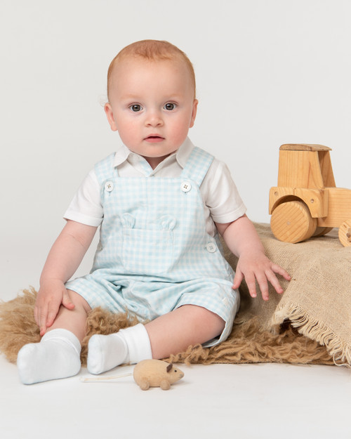 Caramelo 315704 Sky Gingham Romper with Centre Pocket. Caramelo 315704 Sky Gingham Romper with Centre Pocket.