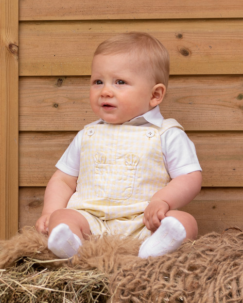 Caramelo 315704 Lemon Gingham Romper with Centre Pocket. Caramelo 315704 Lemon Gingham Romper with Centre Pocket.