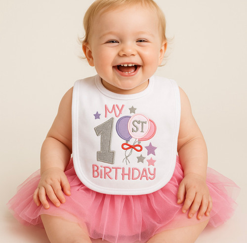 Embroidered My 1st Birthday Bib - White/ Pink