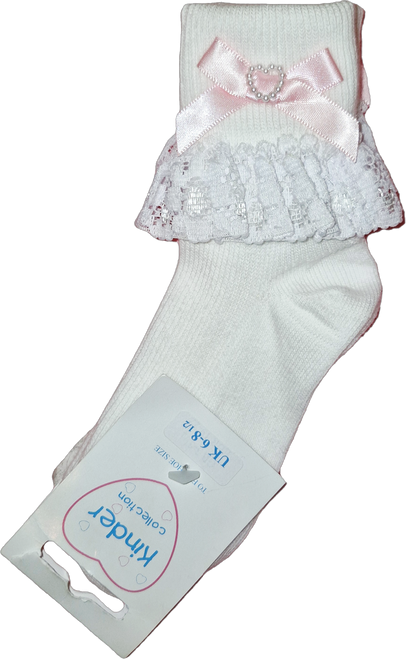 Pink Heart Bow- Lace Frill Ankle Sock