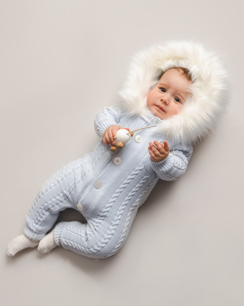 Caramelo Baby Sky Cable Knit Snowsuit, Fur Hood 2083171. Caramelo Baby Sky Cable Knit Snowsuit, Fur Hood 2083171.