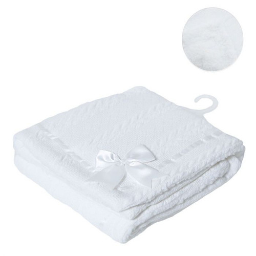 Soft Touch FBP202 Cable Knit Blanket with Sherpa Back and Satin Bow Trim - White