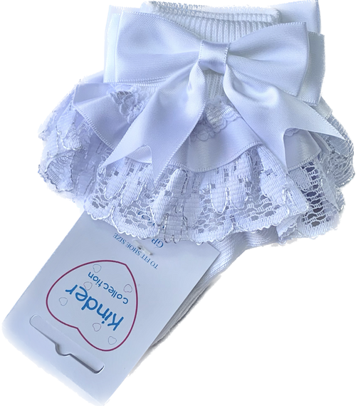 Kinder Frilly Bow Socks - White/White 8556