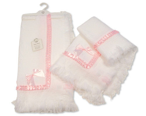 Nursery Time 397 White Baby Blanket Lace Shawl with Bow - Pink Ribbon