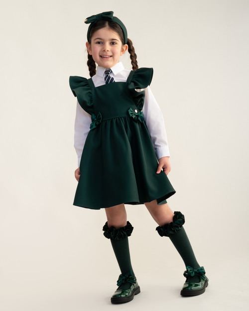 EXCLUSIVE Caramelo Girls Bottle Green School Frill Pinafore with Bows 342142