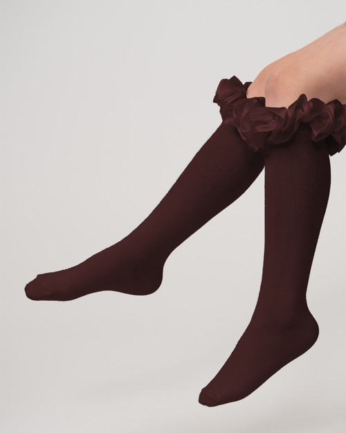 Caramelo Girls School Brown Ruffle ribbon knee High socks 044918