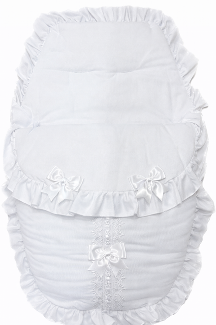 Kinder 5823 Waffle Ribbon Slot Lace, Frill Buggy Liner Cosy Toes White