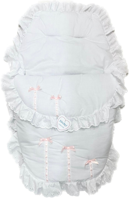 Kinder 1943 Five Bow Ribbon Slot And Lace Buggy Liner Cosy Toes White/Pink