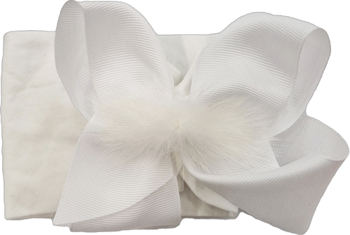 Bow Diva Baby Girls Extra Large Bow Headband with Fluffy Pom Centre - White