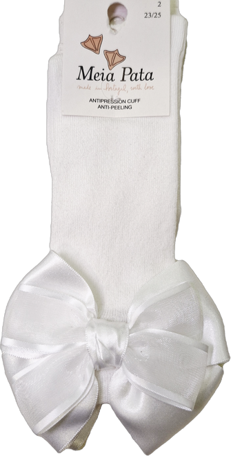 Meia Pata 1124 Knee Socks with Double Satin and Organza Bow - White